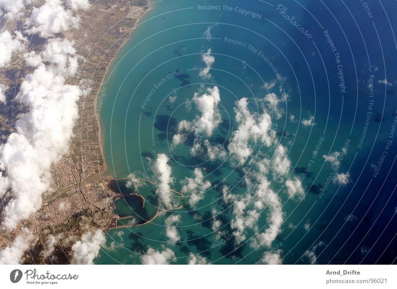 Coast of Sicily Bird's-eye view Aerial photograph Clouds Ocean Vantage point Air Horizon Beautiful Long Far-off places Town Beach Italy Water Blue Flying Sun