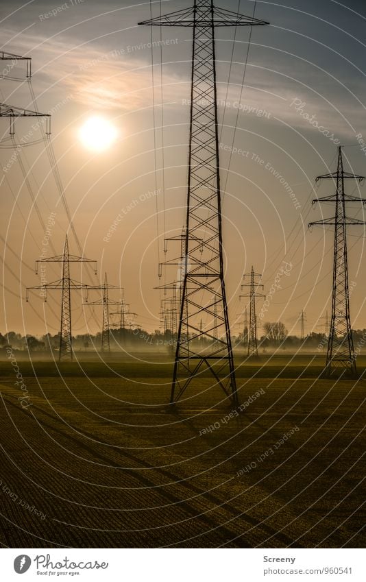 N R G Technology Energy industry Electricity Electricity pylon High voltage power line Environment Sky Sun Sunlight Autumn Fog Field Large Stress Sustainability