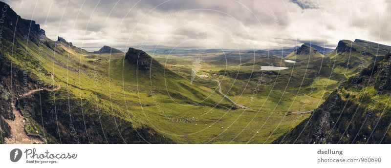 View over the hills of Quiraing on the Isle of Skye Panorama (View) Contrast Shadow Light Day Deserted Scotland Colour photo Exterior shot Quiarang Open Green