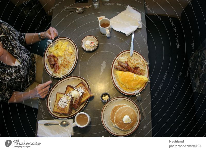 breakfast in America Breakfast Wake up Vitamin Table Plate Fork Spoon Woman Americas Heart attack Cholesterol Morning Unhealthy Delicious Pancake Ham