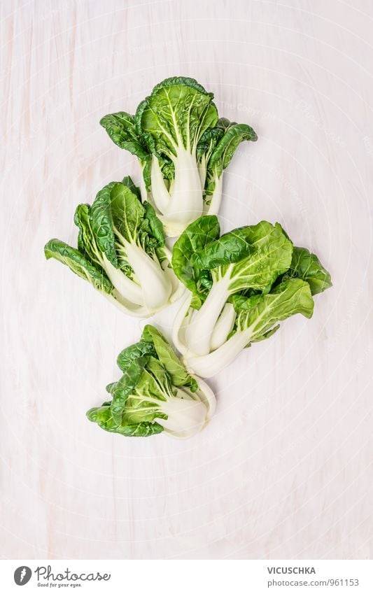 Baby Pak Choi cabbage on white wooden table Food Vegetable Lettuce Salad Nutrition Organic produce Vegetarian diet Diet Nature Design Background picture