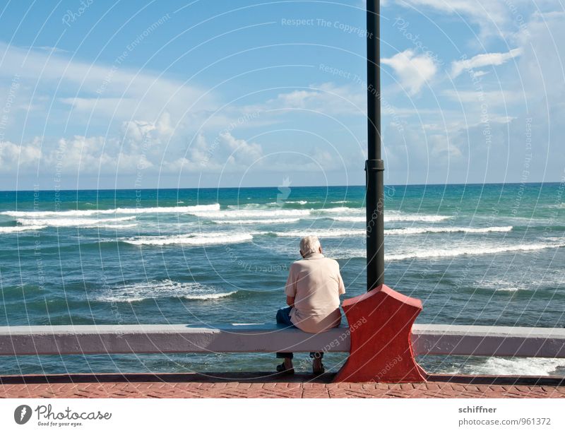 the old man and the sea Human being Masculine Man Adults Male senior Grandfather 1 60 years and older Senior citizen Sky Horizon Beautiful weather Waves Coast