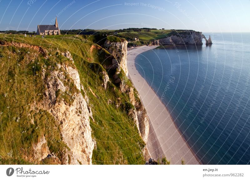 exposed Vacation & Travel Tourism Trip Adventure Far-off places Summer vacation Beach Ocean Landscape Cloudless sky Horizon Meadow Rock Coast Cliff Étretat