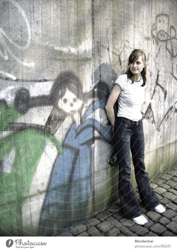 graffiti Youth (Young adults) Wall (barrier) Gray Art Town Woman Graffiti Mural painting Underground