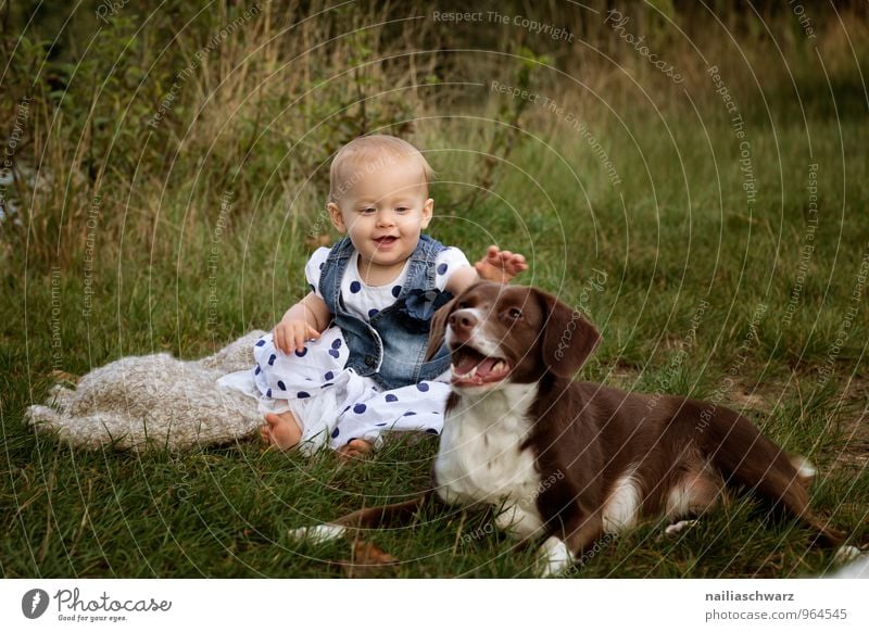 Girl with the dog Human being Feminine Baby Toddler 0 - 12 months 1 - 3 years Summer Garden Meadow Clothing Dress Animal Pet Dog Touch Discover Communicate
