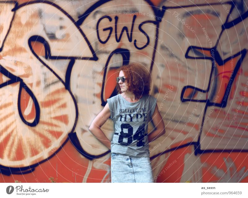 graffiti Woman Adults 1 Human being 30 - 45 years Environment Summer Berlin Town Downtown Wall (barrier) Wall (building) Tourist Attraction T-shirt Skirt