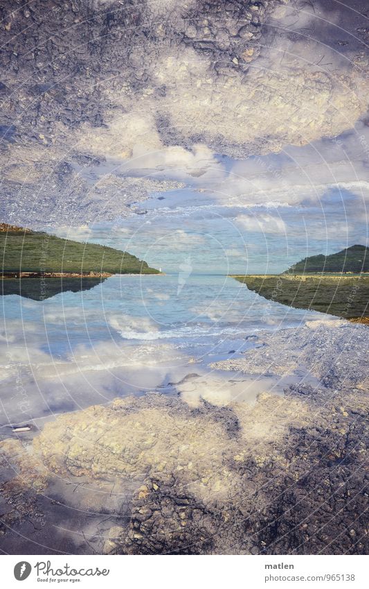 Heaven and earth Landscape Sky Clouds Horizon Weather Beautiful weather Grass Forest Hill Mountain Coast Bay Ocean Blue Green White Double exposure Colour photo