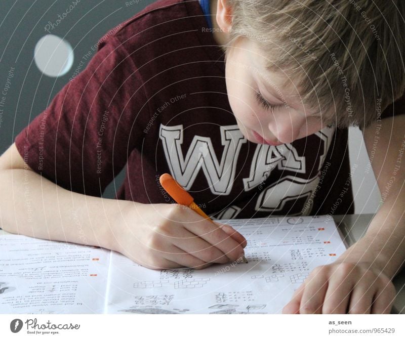 homework Boy (child) Infancy Life Hand Fingers 1 Human being 3 - 8 years Child T-shirt Blonde Stationery Paper Piece of paper Pen Booklet Sign Characters