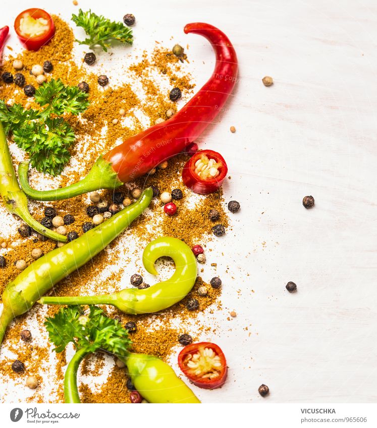 Colourful chillies and spices on a white wooden table Food Vegetable Herbs and spices Nutrition Vegetarian diet Diet Style Design Healthy Eating Life Kitchen