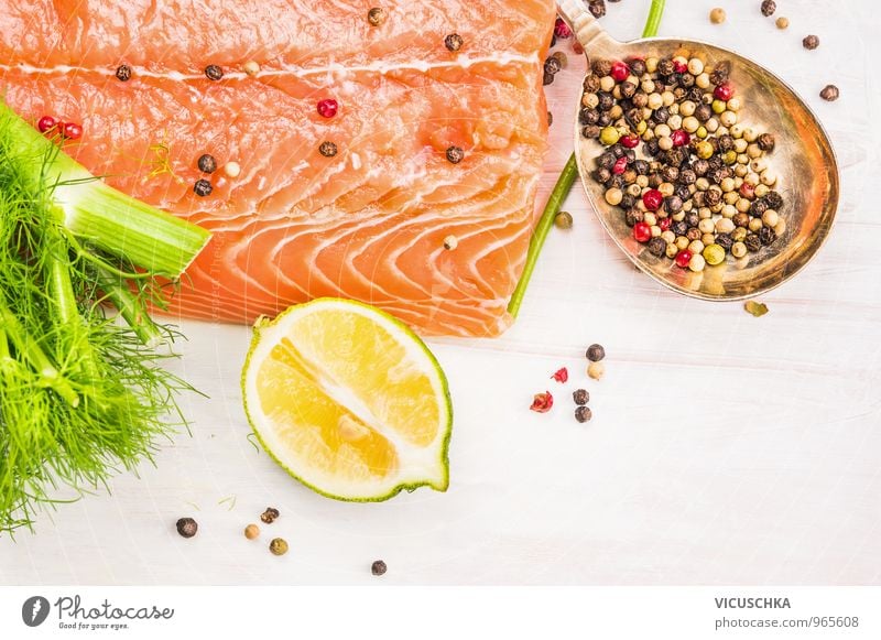 Raw salmon with lemon and spices Food Fish Fruit Herbs and spices Nutrition Organic produce Vegetarian diet Diet Style Design Healthy Eating Kitchen Salmon