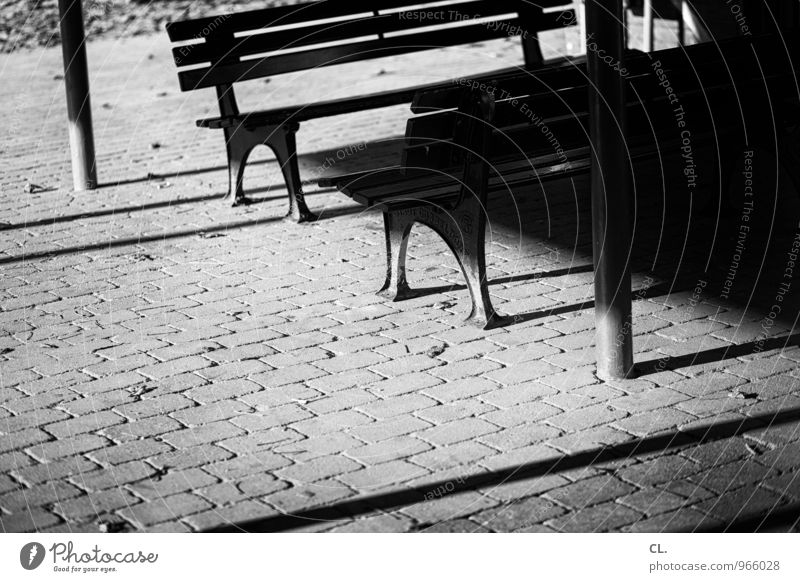 benches Places Ground Bench Playground Sit Dark Break Stagnating Shadow play Black & white photo Exterior shot Deserted Copy Space left Copy Space bottom Day