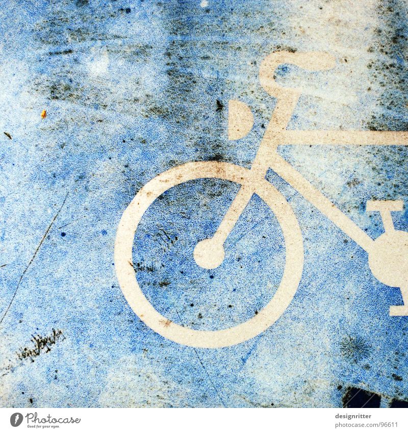 broken on the wheel Cycle path Bicycle Old Dirty Bleached Symbols and metaphors Street sign Signs and labeling Blue smutty Scratch stylized
