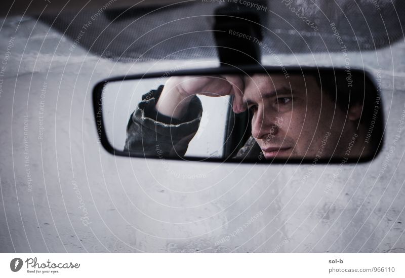 rrwndw Masculine Young man Youth (Young adults) Face Hand 1 Human being 18 - 30 years Adults Bad weather Rain Motoring Traffic jam Vehicle Car Mirror Glass