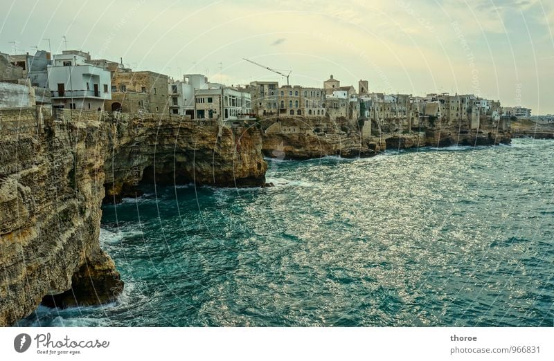 al Mare Polignano a Mare Italy Apulia Village Fishing village Small Town Port City Old town Deserted Building Discover Rock Ocean Waves Surf Rough Colour photo
