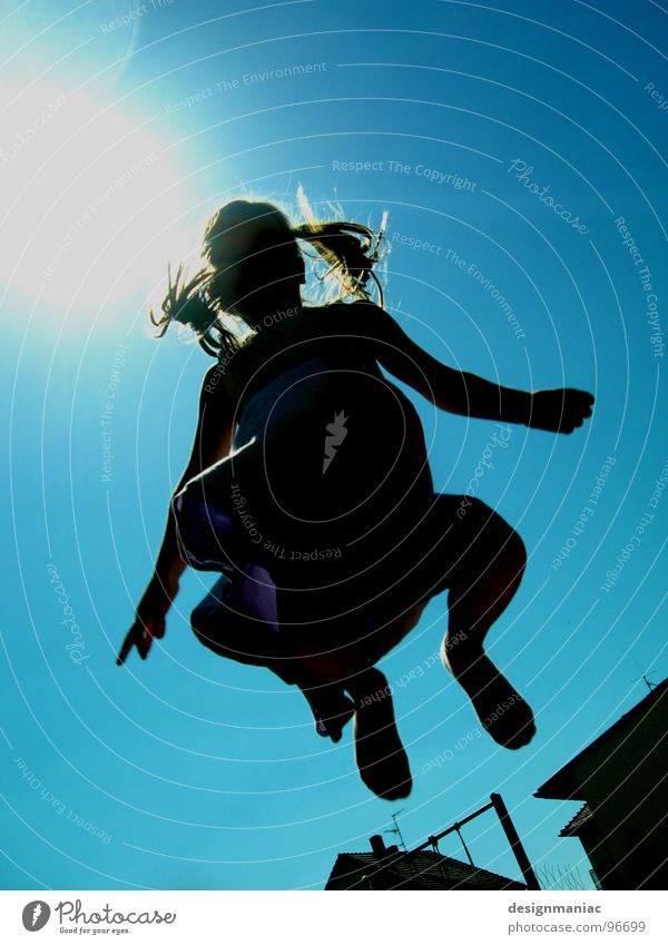 Hop :-) Back-light Girl Dazzle Black Progress Braids Long-haired Dress Blonde Silhouette Physics Hot Burn Sunlight Light blue Wind Hand 5 Tree Jump Bird Hover