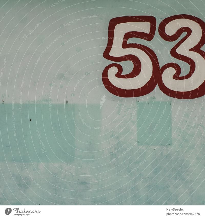 53 Manmade structures Building Wall (barrier) Wall (building) Digits and numbers Old Retro Trashy Gloomy Red Turquoise White Tracks Piece of paper Remainder