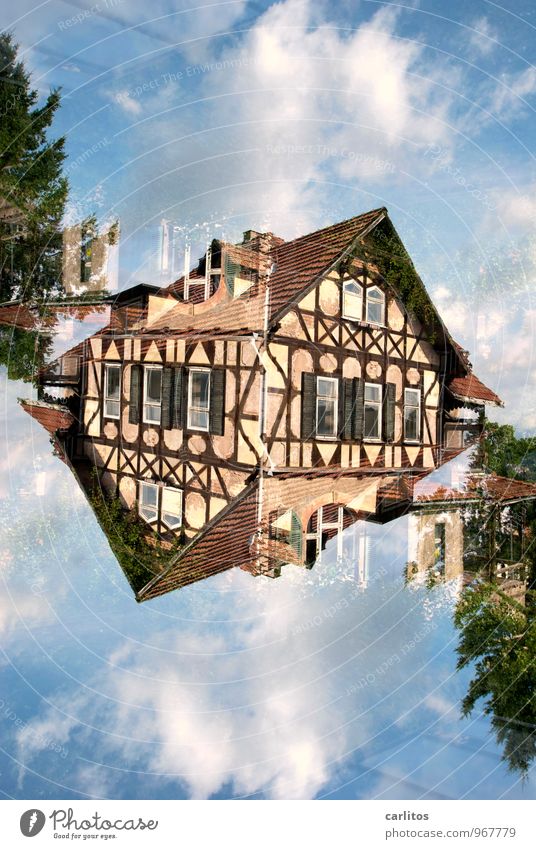 Double, straight Half-timbered facade Double exposure Old Derelict Eisenach Blue Brown Roof Window Facade Old town Redecorate Redevelop Old building
