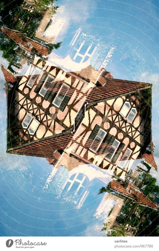 Double, oblique Half-timbered facade Double exposure Old Derelict Eisenach Blue Brown Roof Window Facade Old town Redecorate Redevelop Old building
