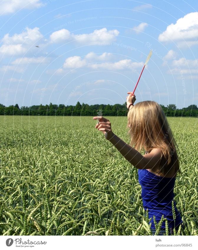 Hold it right there! Clouds Sky blue Animal Insect Threaten Where Field Green Wheat Large Multicoloured Rotate Swing Girl Woman Far-off places