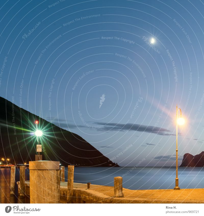 Moon over Lake Garda III Vacation & Travel Sky Horizon Summer Mountain Lakeside Torbole Italy Joie de vivre (Vitality) Jetty Street lighting Beam of light Calm