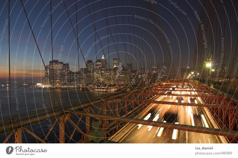 Brooklyn Bridge II - New York City Night sky River Downtown Skyline Transport Means of transport Traffic infrastructure Road traffic Dark Suspension bridge