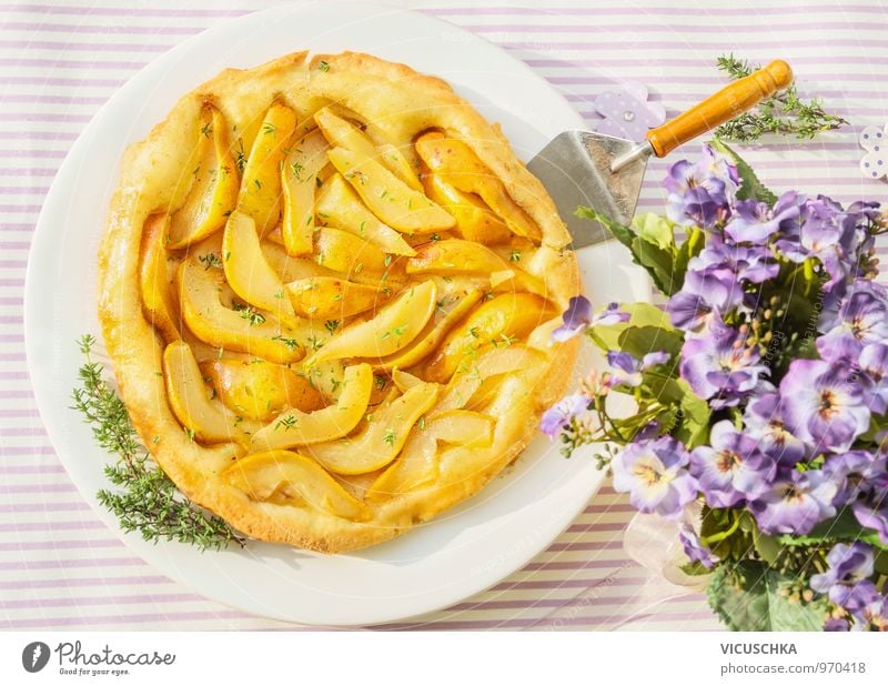 Pear cake with thyme and flowers Food Fruit Dough Baked goods Cake Dessert Herbs and spices Nutrition Breakfast To have a coffee Organic produce Vegetarian diet