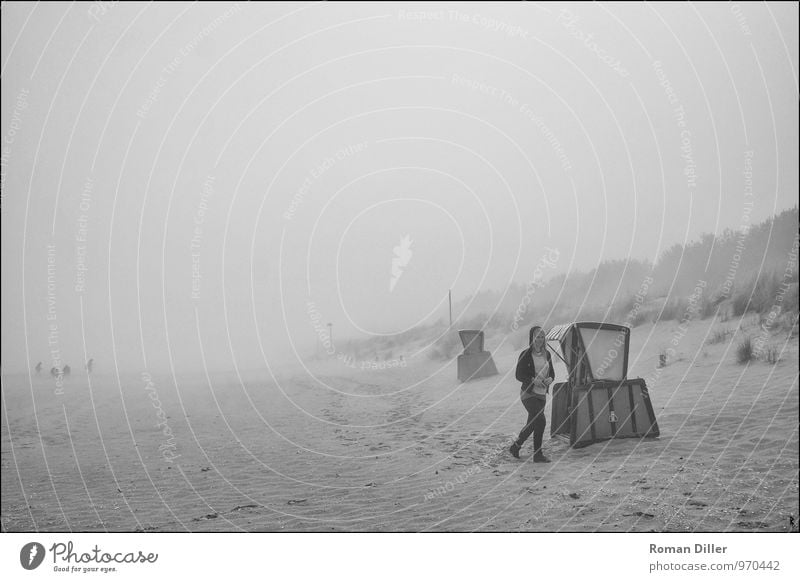 fog Landscape Sand Fog Beach Baltic Sea Island Authentic Positive Longing Wanderlust Loneliness Usedom karlshagen Beach chair Beach dune Black & white photo