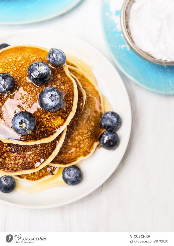 Sweet pancakes with blueberries and syrup. Food Fruit Dough Baked goods Dessert Nutrition Breakfast Organic produce Vegetarian diet Diet Crockery Plate Style