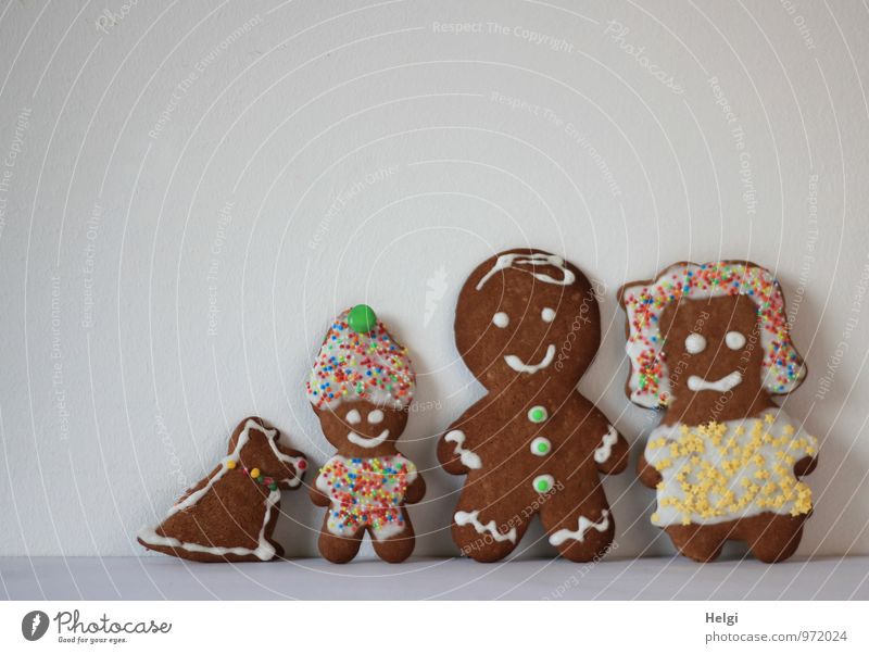Figures of mother, father, child and dog baked from gingerbread, decorated with icing and coloured crumbles, standing in front of a white background Food Dough