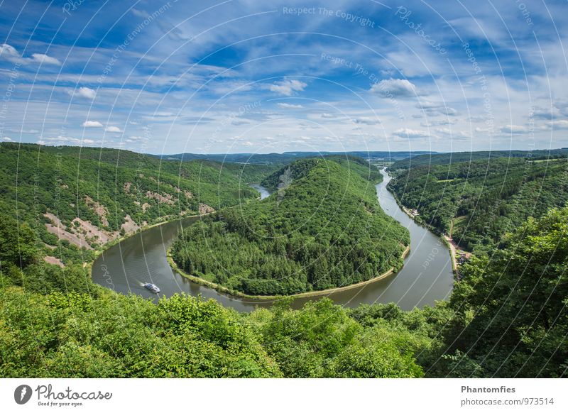 Saar loop Nature Landscape Water Sky Clouds Summer Beautiful weather Forest River Orscholz Germany Tourist Attraction Traffic infrastructure Inland navigation