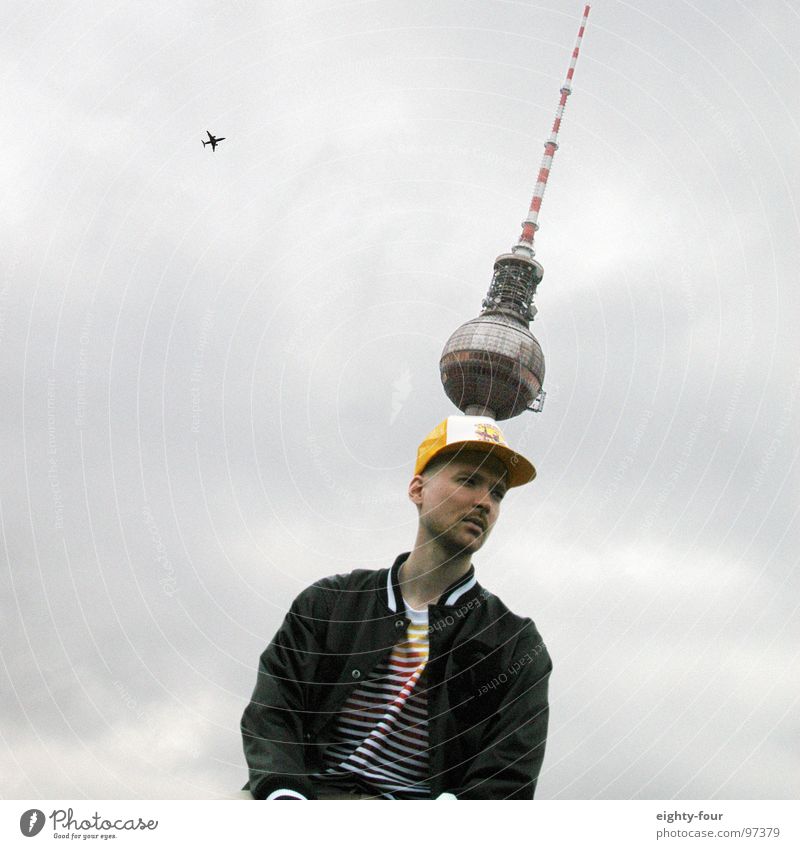 ball head Alexanderplatz Clouds Airplane Dark Gloomy Cap Storm Landmark Monument alex Tower Berlin TV Tower Sky Looking Rain Point Head Cover