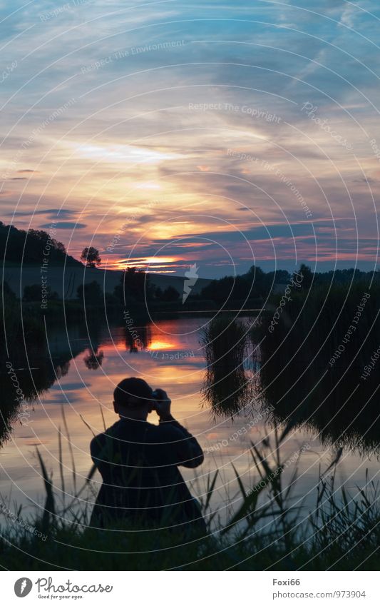 In the evening at the pond Masculine Man Adults 1 Human being 45 - 60 years Landscape Plant Animal Water Sky Clouds Storm clouds Horizon Sunrise Sunset Summer