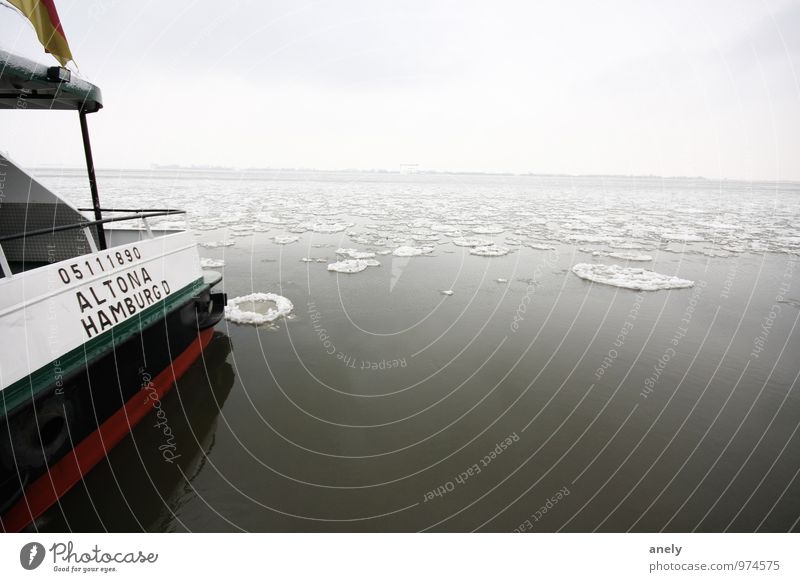 Hamburg on ice Nature Landscape Water Coast River bank Elbe Deserted Navigation Inland navigation Passenger ship Ferry Serene Calm Loneliness Cold Ice floe
