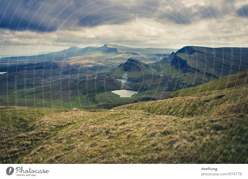 View over the hills of Quiraing on the Isle of Skye Panorama (View) Contrast Shadow Light Day Deserted Scotland Colour photo Exterior shot Quiarang Open Green