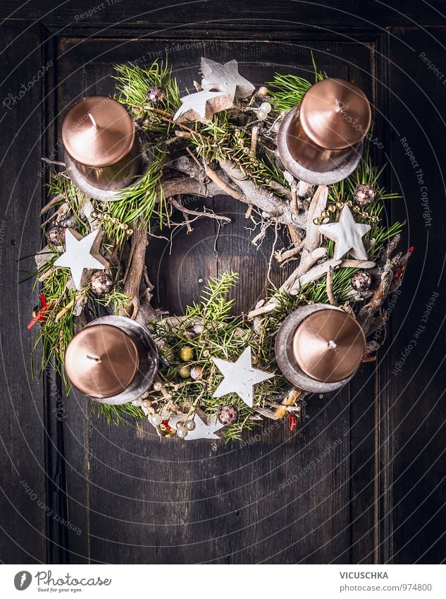 Advent wreath with christmas decoration and four candles Style Design Winter Flat (apartment) Decoration Christmas & Advent Ornament Tradition Christmas wreath