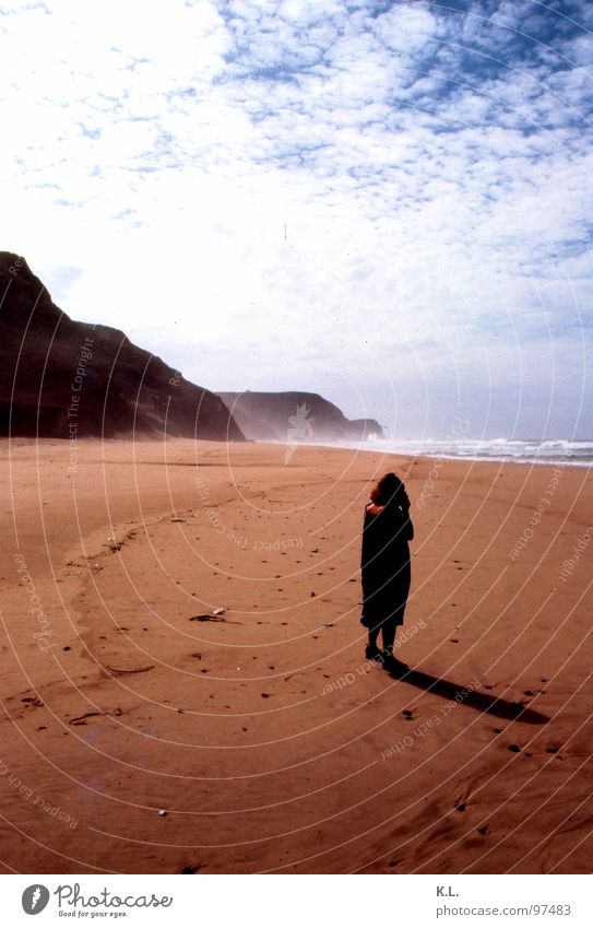 4 o'clock Beach Clouds Vacation & Travel Horizon Diagonal September White Brown Yellow Black Loneliness Thought Coast Woman Earth Sand Rock Mountain