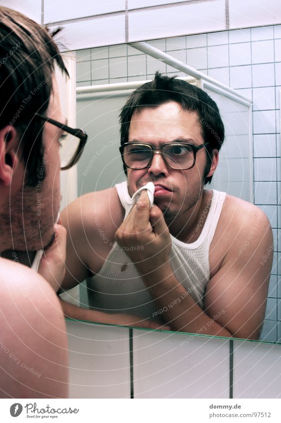mirror, mirror part III Man Fellow Eyeglasses Hideous Undershirt Bathroom Mirror Mirror image Fingers Tile Point Wipe Cleaning Facial hair Dirty