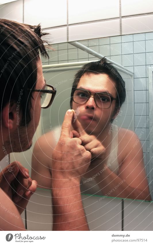 mirror, mirror part Man Fellow Eyeglasses Hideous Undershirt Bathroom Mirror Mirror image Fingers Tile Breath Damp Wipe Facial hair Dirty Antisocial person Joy