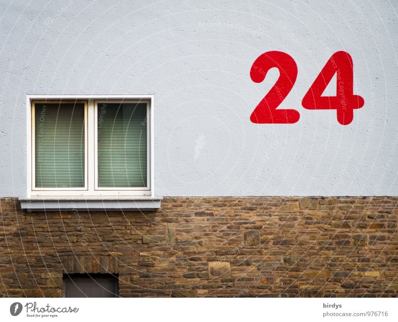24, red, large number on house wall. House number Wall (barrier) Wall (building) Facade Window Digits and numbers Esthetic Exceptional Large Whimsical Style