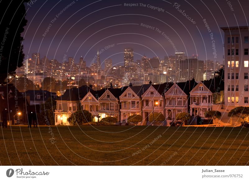 Alamo Square San Francisco Night sky Cool (slang) House (Residential Structure) Skyline Lure of the big city Town American Flag West West Coast