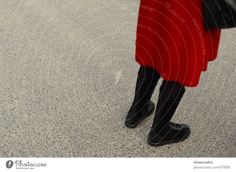 Lady in Red Black Boots Asphalt Woman Coat Handbag