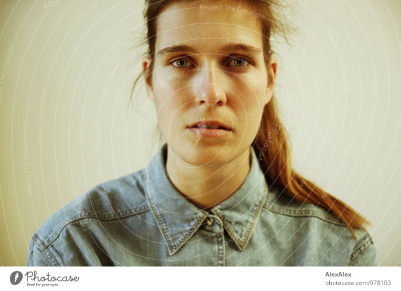 Portrait of a young woman in denim shirt Young woman Youth (Young adults) Head 18 - 30 years Adults Denim Shirt Brunette Long-haired Braids Observe Communicate