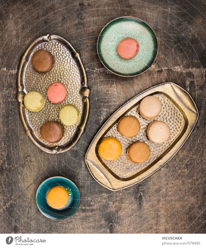 Macarons and old tray Food Cake Dessert Candy Nutrition To have a coffee Bowl Style Design Kitchen Vintage Cookie Beautiful Multicoloured Tray Metal Wood Dark