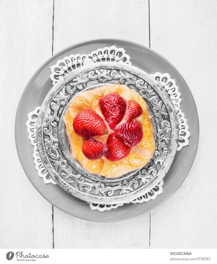 Strawberry cake on silver plate and lace napkin Food Fruit Cake Dessert Nutrition To have a coffee Vegetarian diet Style Design Kitchen Napkin Plate Silver