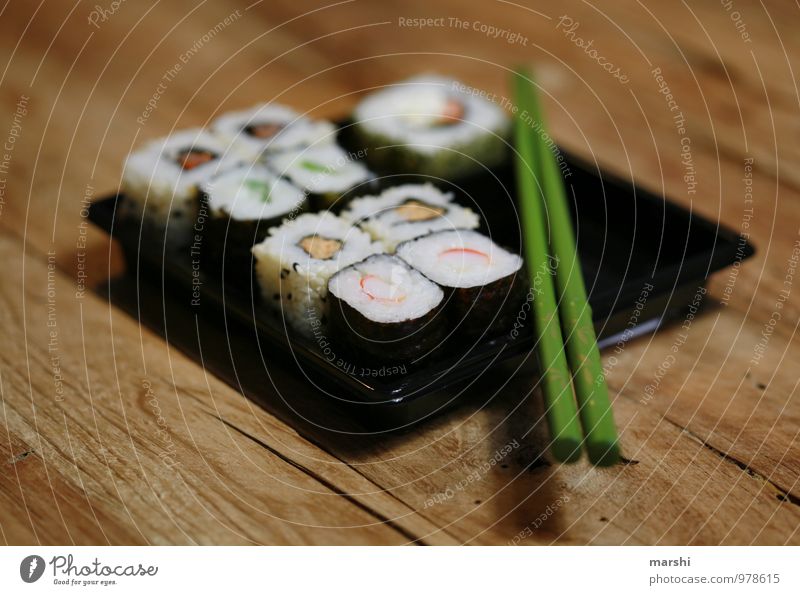 SUSHIBOX II Food Nutrition Eating Lunch Finger food Sushi Asian Food Emotions Moody Chopstick Box Fish Wooden table Appetite Snack Rice Food photograph