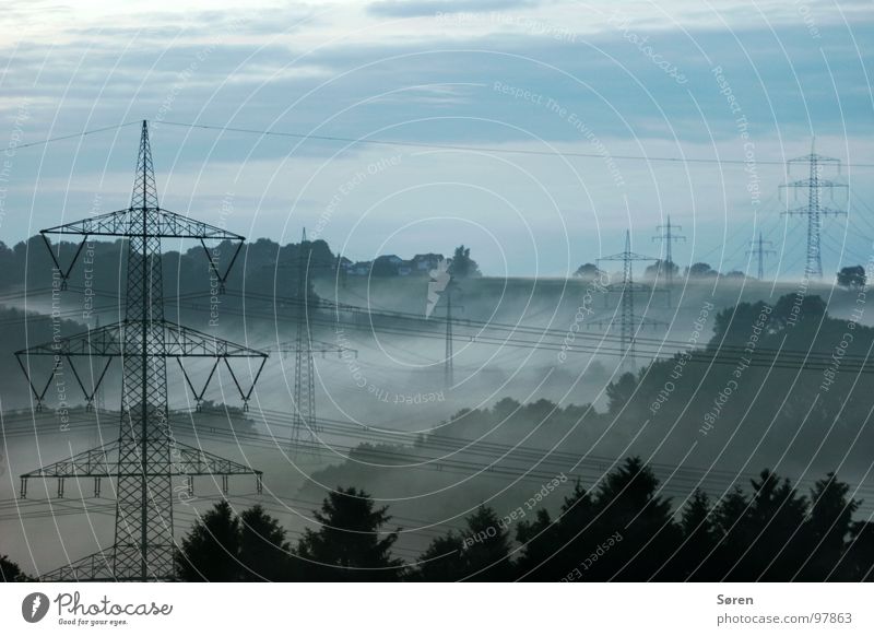 no idea Electricity Wood Fog Sauerland Forest Relaxation Landscape Energy industry Climate Cable Electricity pylon Blue