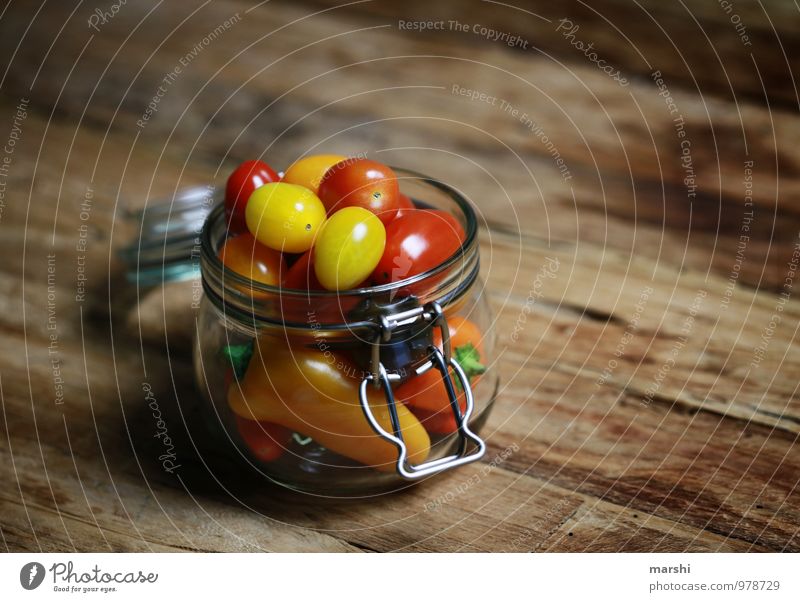 All kinds of vegetables Food Vegetable Nutrition Eating Picnic Vegetarian diet Diet Yellow Red Tomato Pepper Preserving jar Glass Wooden table Healthy Eating