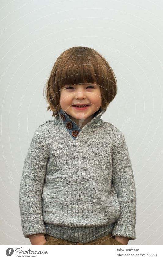 Portrait Winter Masculine Child Infancy Hair and hairstyles Face 1 Human being 3 - 8 years Sweater Blonde Short-haired Bangs Smiling Looking Stand Wait