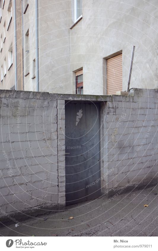 Come around the back Town House (Residential Structure) Building Architecture Wall (barrier) Wall (building) Facade Window Door Gloomy Gray Backyard Back door