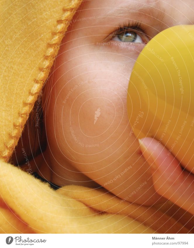 Wait and see and drink tea. Cup Drinking Mug Cold Boredom Blanket Face Tea Coffee Relaxation Wellness Girl Thumb Stitching Yellow Upward Eyes Eye colour Warmth